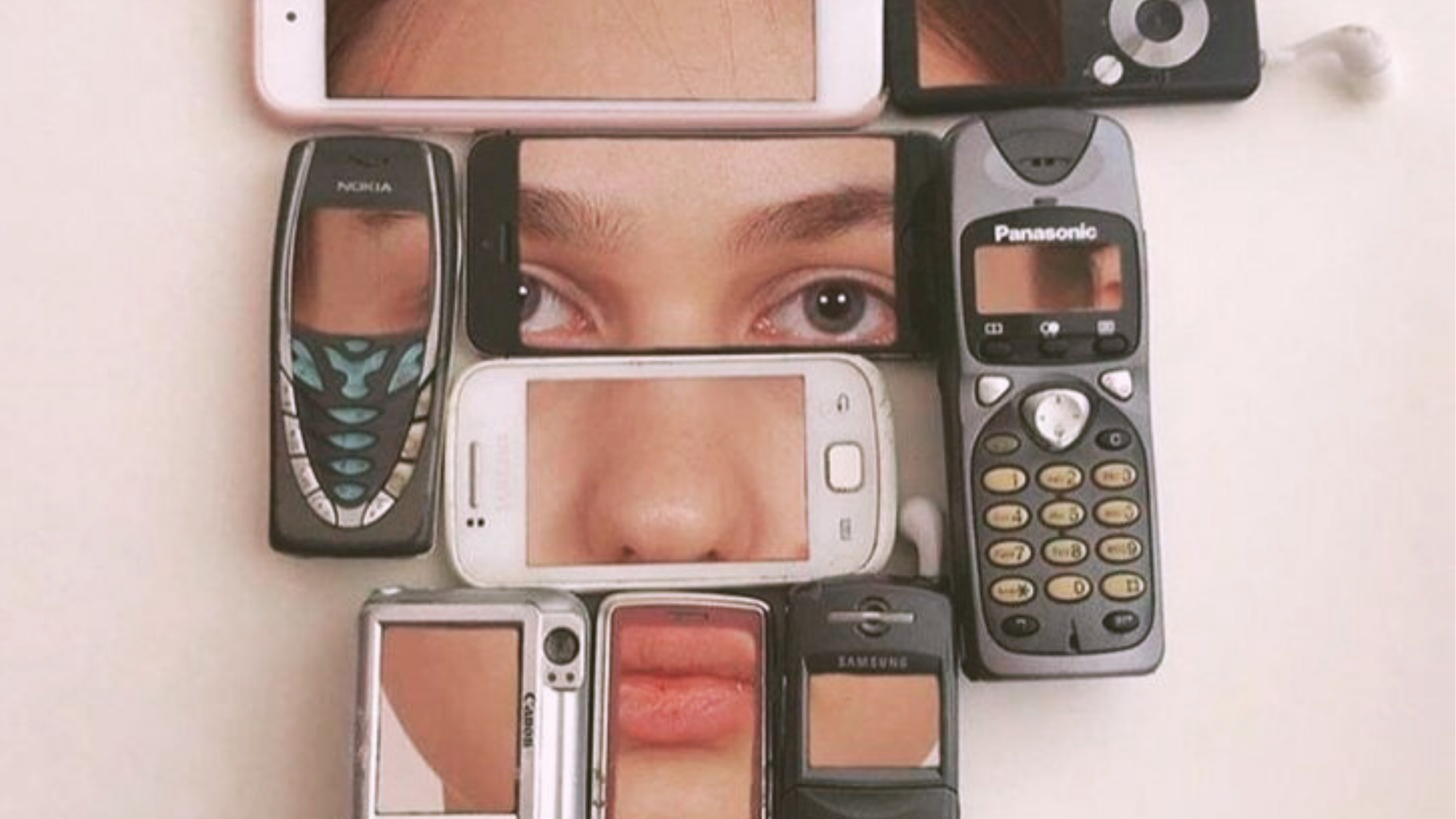 Collage of old mobile phones arranged around cut-out sections of a young woman’s face