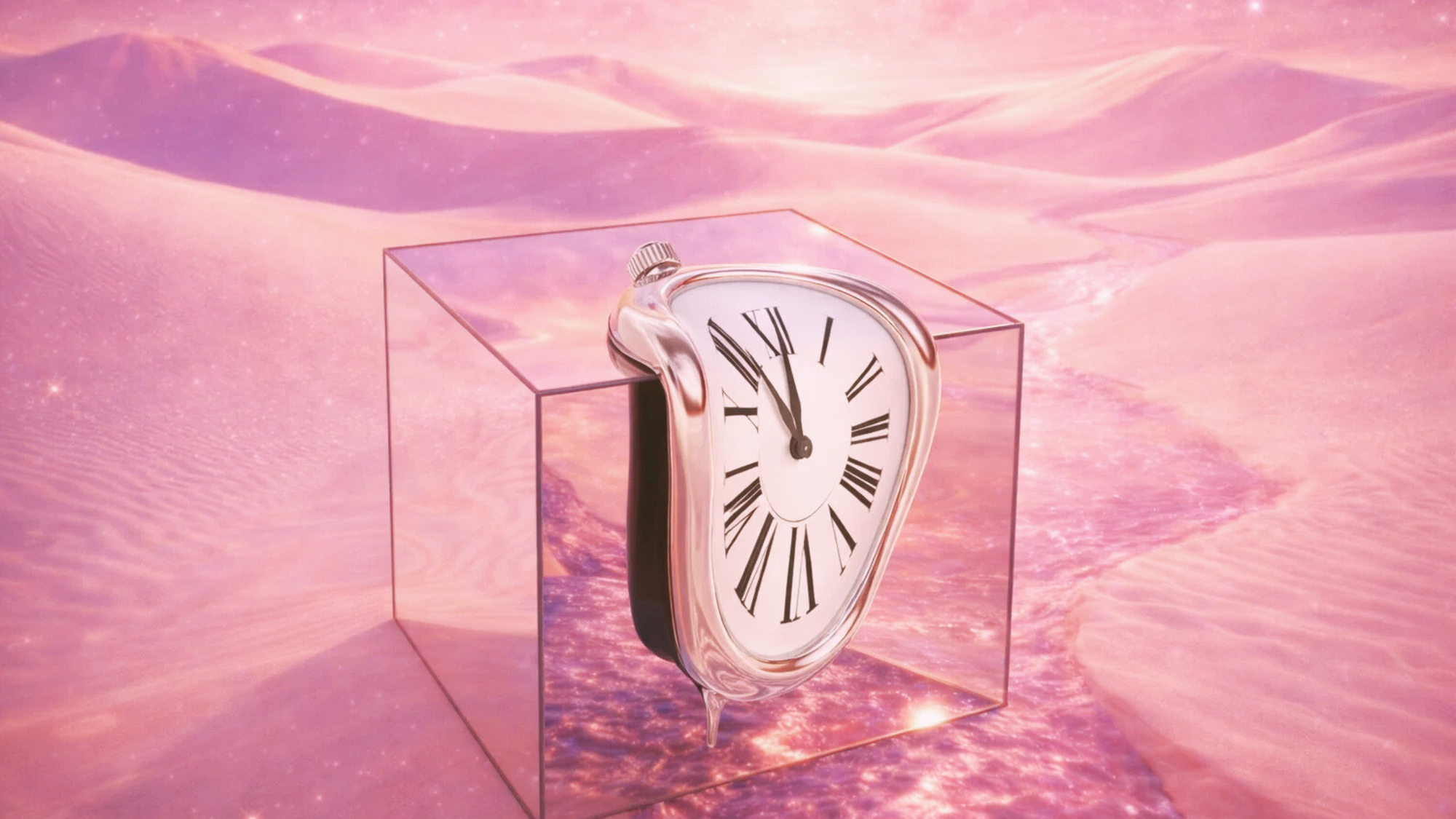 Melting clock inside a glass cube on a pink desert landscape