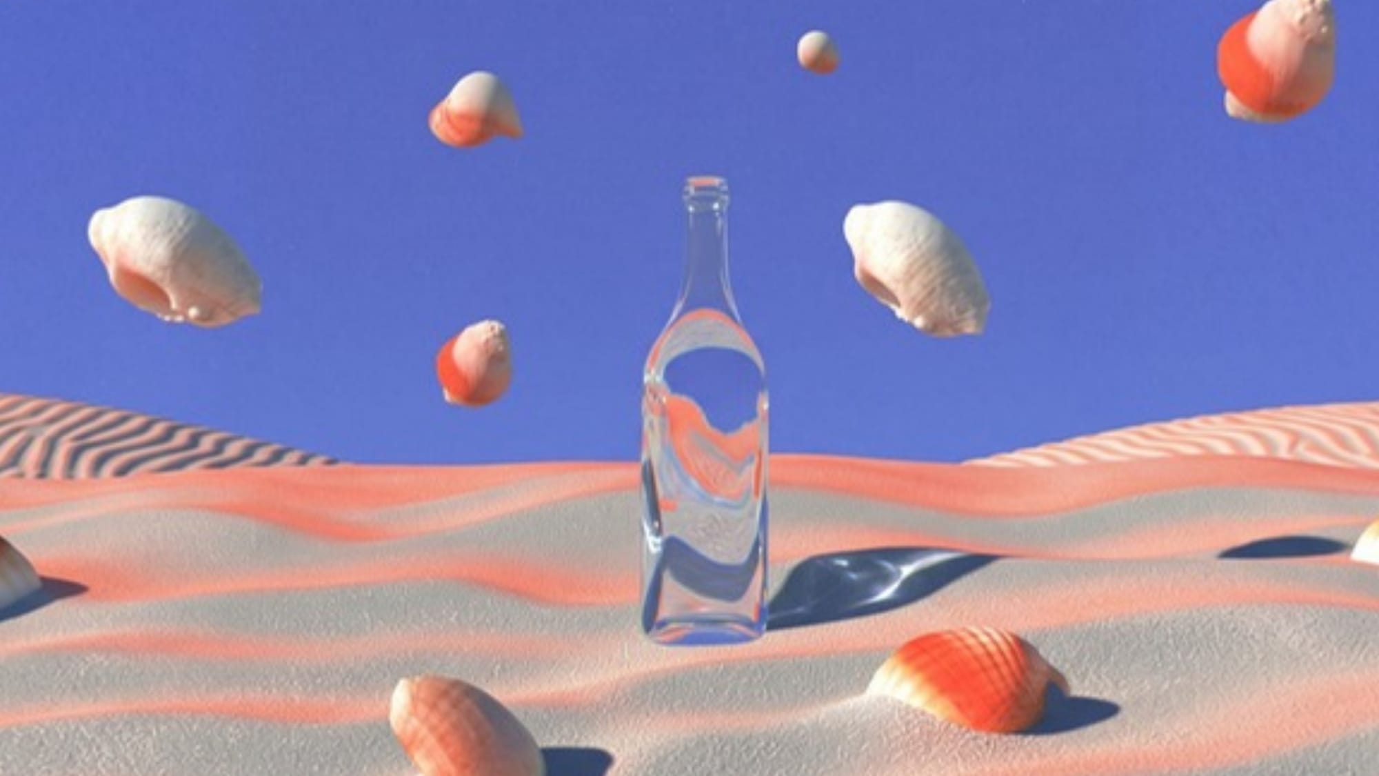 A transparent glass bottle stands in a surreal desert landscape among floating shells under a cobalt sky