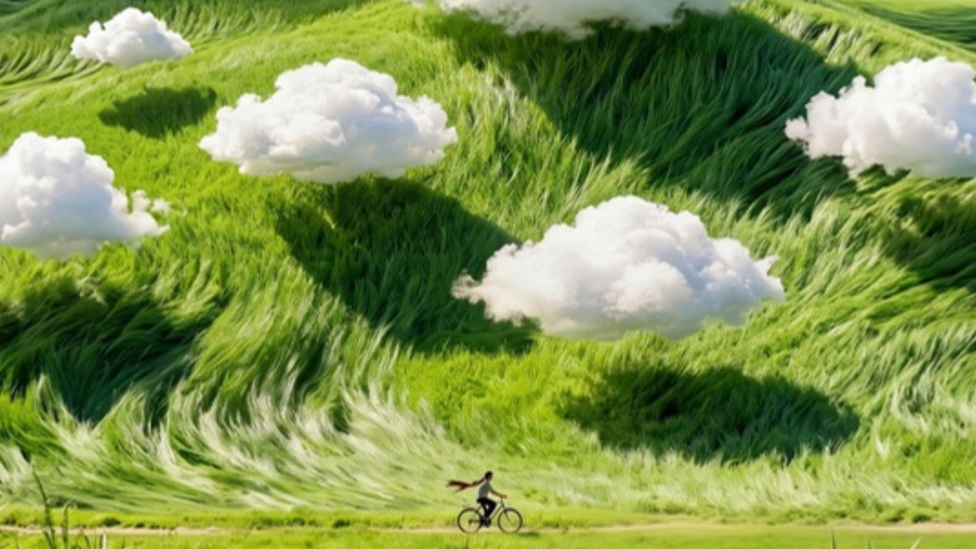 A lone cyclist in a rolling green landscape under clouds, a metaphor for audience trust that is built slowly