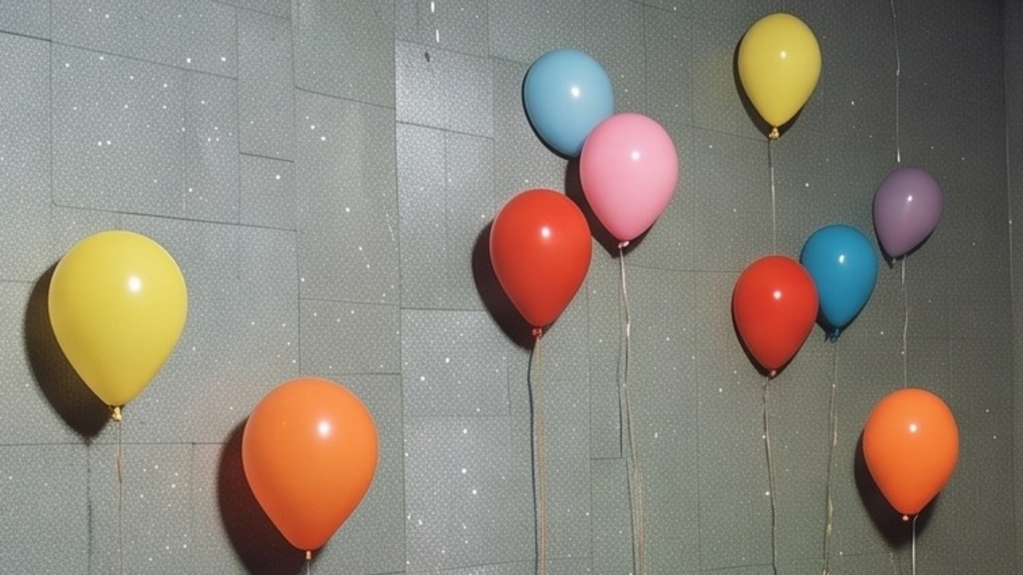 Barevné balonky přilepené na šedé kartonové stěně s odlesky světla