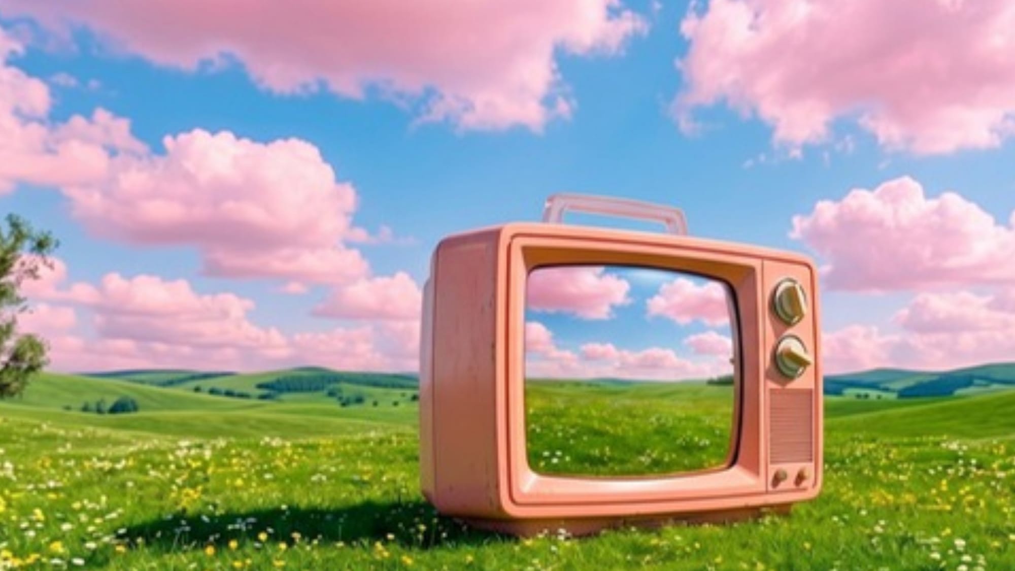 Růžová retro televize stojí na kvetoucí louce pod růžovými mraky