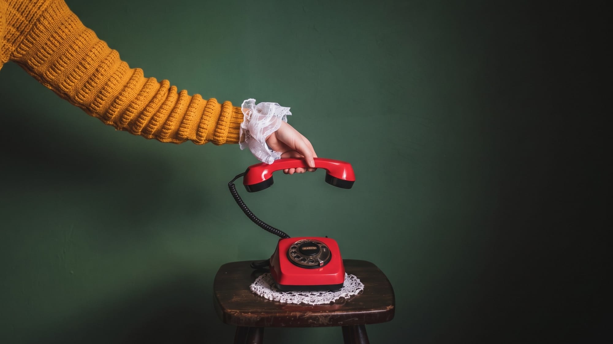 Ruka v hořčicovém svetru s krajkovou manžetou zvedá sluchátko červeného telefonu z dřevěné stoličky před zelenou zdí.