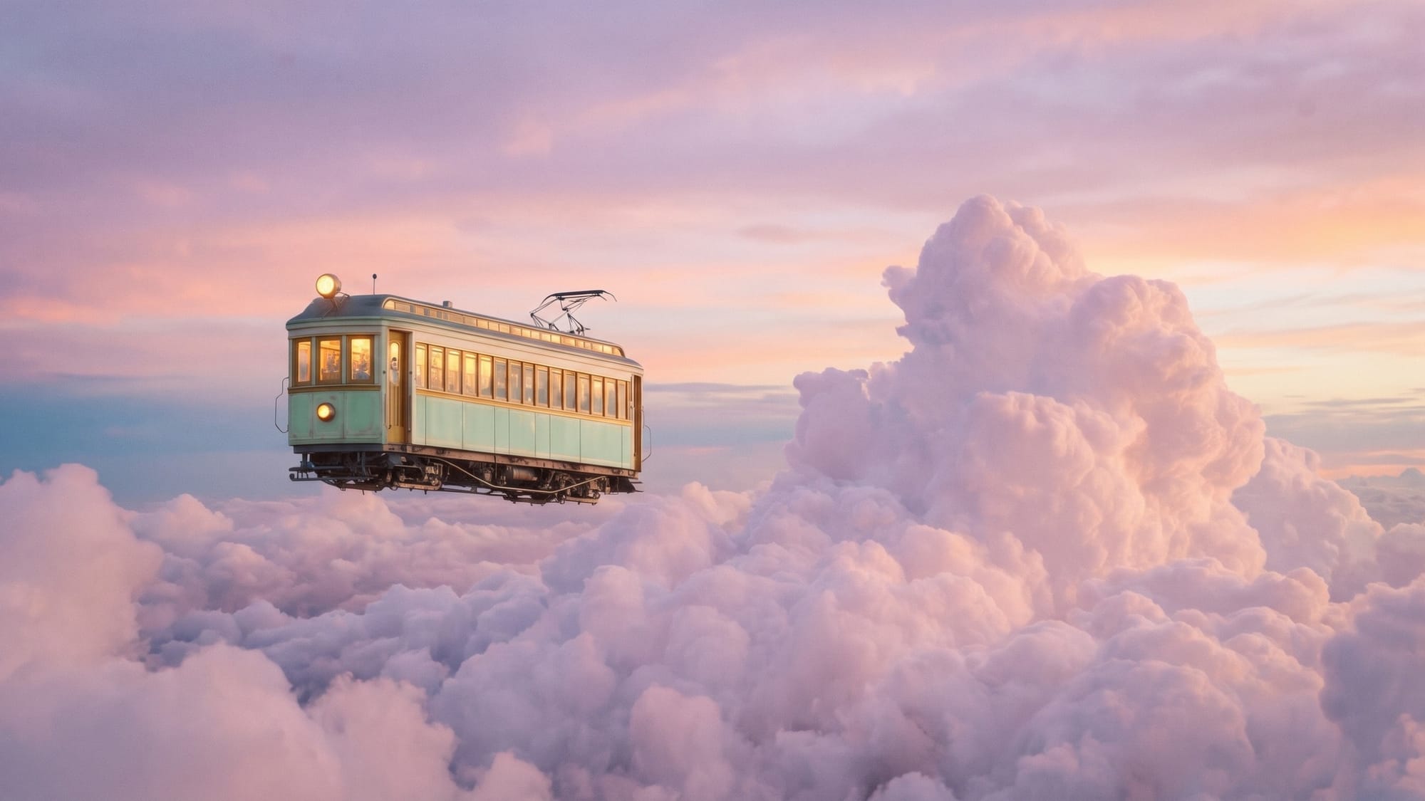 Stará zelenobílá tramvaj s rozsvícenými okny pluje nad růžovými mraky za soumraku, bez kolejí i trolejového vedení.