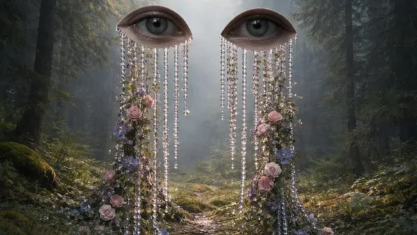 Surrealní krajina s motivem očí jako metafora kreativity a pozornosti v centru festivalu