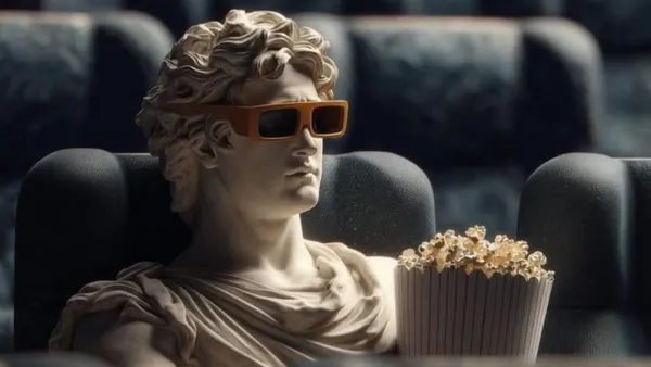 Antická socha s 3D brýlemi a kbelíkem popcornu sedí v kinosále