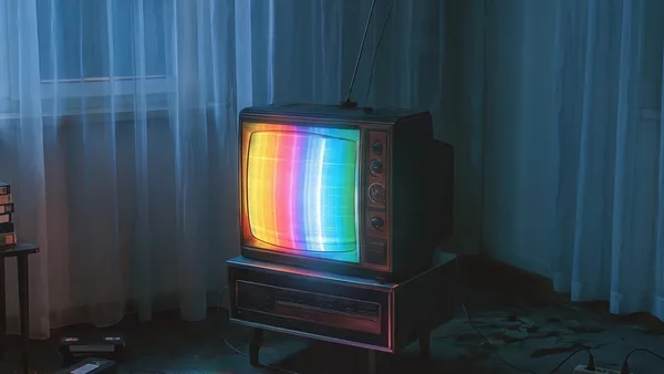 Retro televizor se svítícím duhovým testovacím obrazcem v potemnělé místnosti za záclonou