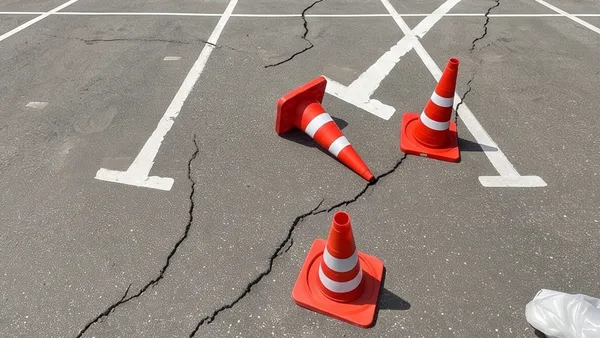 Tři oranžové dopravní kužely stojící na popraskaném asfaltu parkoviště