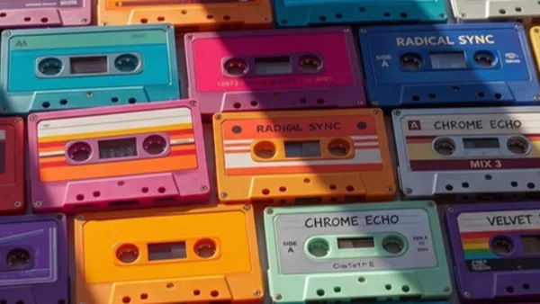 Barevné audiokazety naskládané přes sebe, na nich vymyšlené názvy hudebních labelů