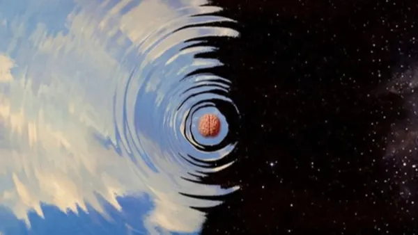 Lidský mozek uprostřed soustředných vln na hladině přecházející do hvězdného vesmíru, surrealistická editorial ilustrace