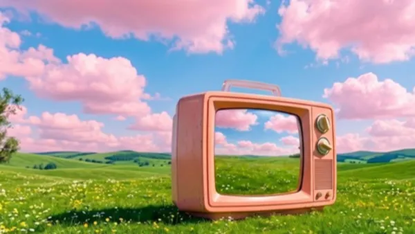 Růžová retro televize stojí na kvetoucí louce pod růžovými mraky