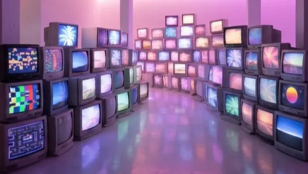Stěna narovnaných starých televizorů se svítícími obrazovkami v purpurové místnosti