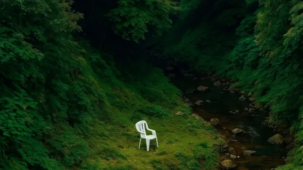 Osamělá bílá plastová židle uprostřed zeleného údolí jako metafora publika, které zůstalo stejné, i když číslo u videa vyrostlo