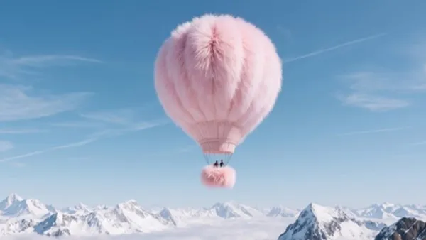 Růžový chlupatý horkovzdušný balon stoupá nad zasněženými horami