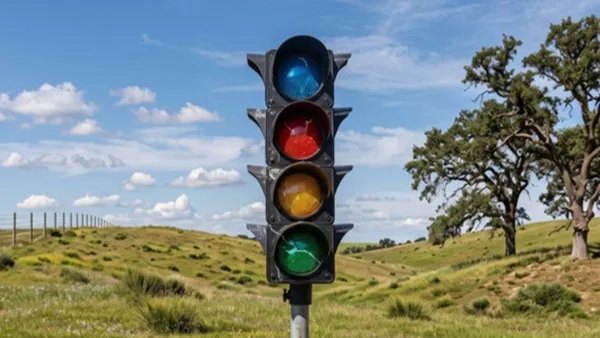 Čtyřbarevný semafor stojící sám v prázdné zelené krajině jako metafora chybějící infrastruktury