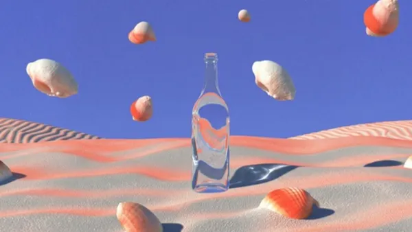 Průhledná skleněná láhev stojí v surrealistické pouštní krajině mezi vznášejícími se mušlemi pod kobaltovou oblohou