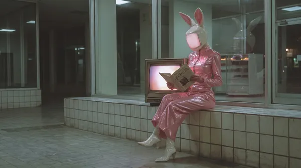 Postava v růžovém overalu a králičí masce s obrazovkou místo obličeje čte noviny vedle staré televize.
