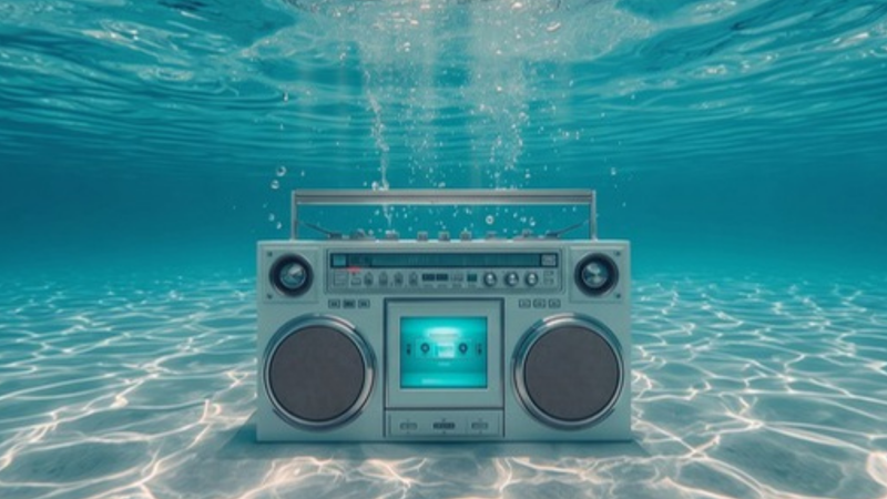 Stříbrný kazetový boombox stojící na písečném dně pod hladinou tyrkysové vody s bublinami