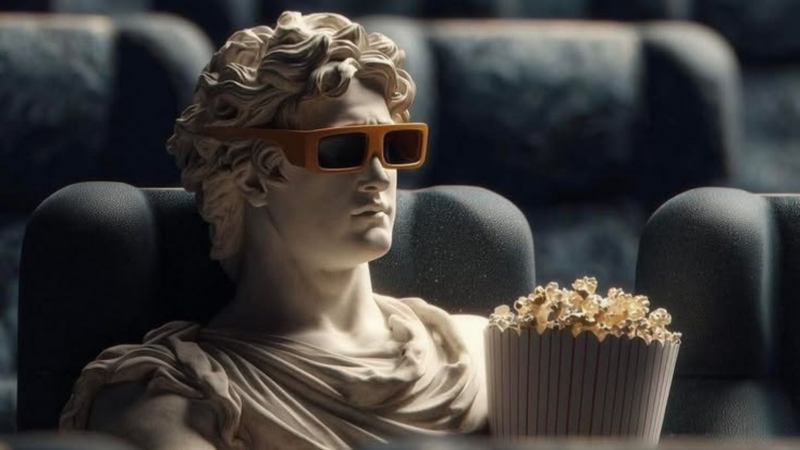 Antická socha s 3D brýlemi a kbelíkem popcornu sedí v kinosále