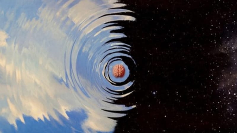 Lidský mozek uprostřed soustředných vln na hladině přecházející do hvězdného vesmíru, surrealistická editorial ilustrace