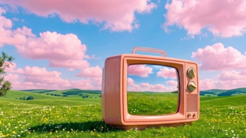 Růžová retro televize stojí na kvetoucí louce pod růžovými mraky
