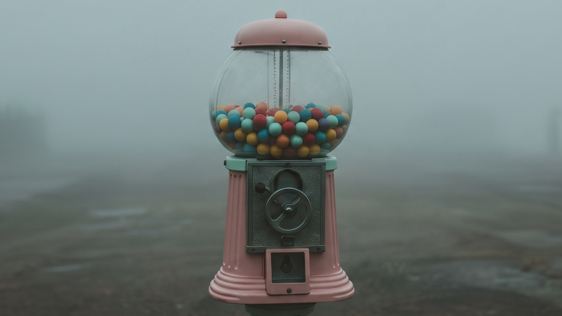 Růžový retro automat na žvýkačky plný barevných kuliček stojící venku v husté mlze