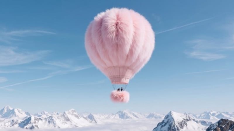 Růžový chlupatý horkovzdušný balon stoupá nad zasněženými horami