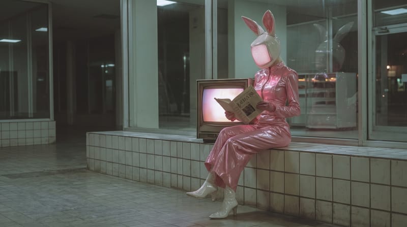 Postava v růžovém overalu a králičí masce s obrazovkou místo obličeje čte noviny vedle staré televize.